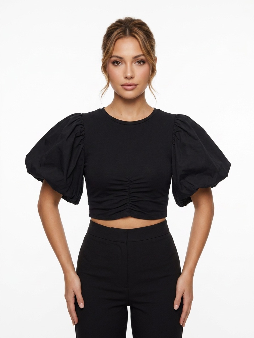 NWT Zara Black & Brown Puff Sleeve Cropped Top Tee Cotton Sz S
